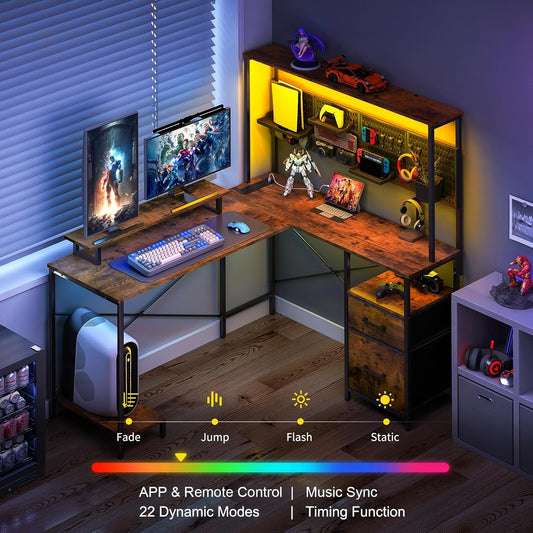 L Shaped Desk with Pegboard, Reversible Computer Desk with Drawers & Storage Shelves, Gaming Desk with LED Lights & Power Outlets, Office Desk with Monitor Stand Corner Desk Home Office Desks