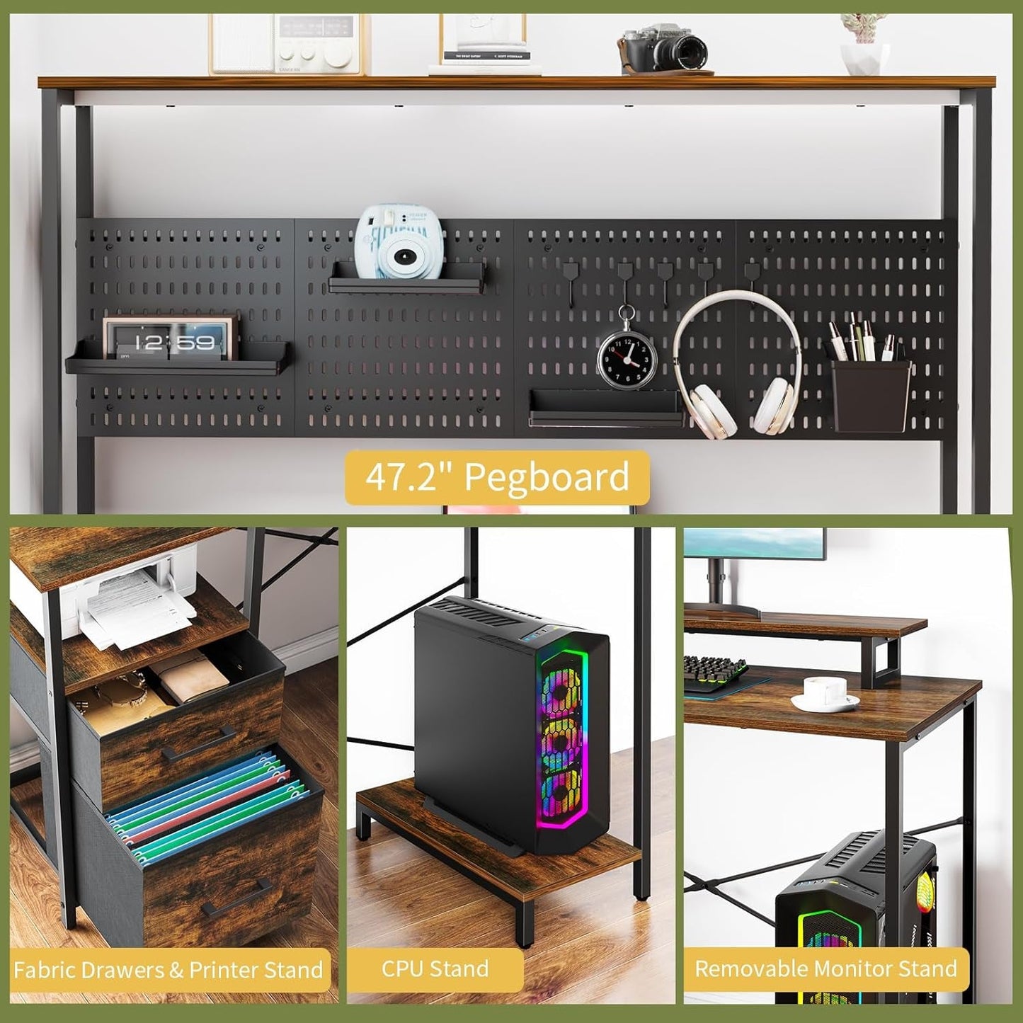 L Shaped Desk with Pegboard, Reversible Computer Desk with Drawers & Storage Shelves, Gaming Desk with LED Lights & Power Outlets, Office Desk with Monitor Stand Corner Desk Home Office Desks